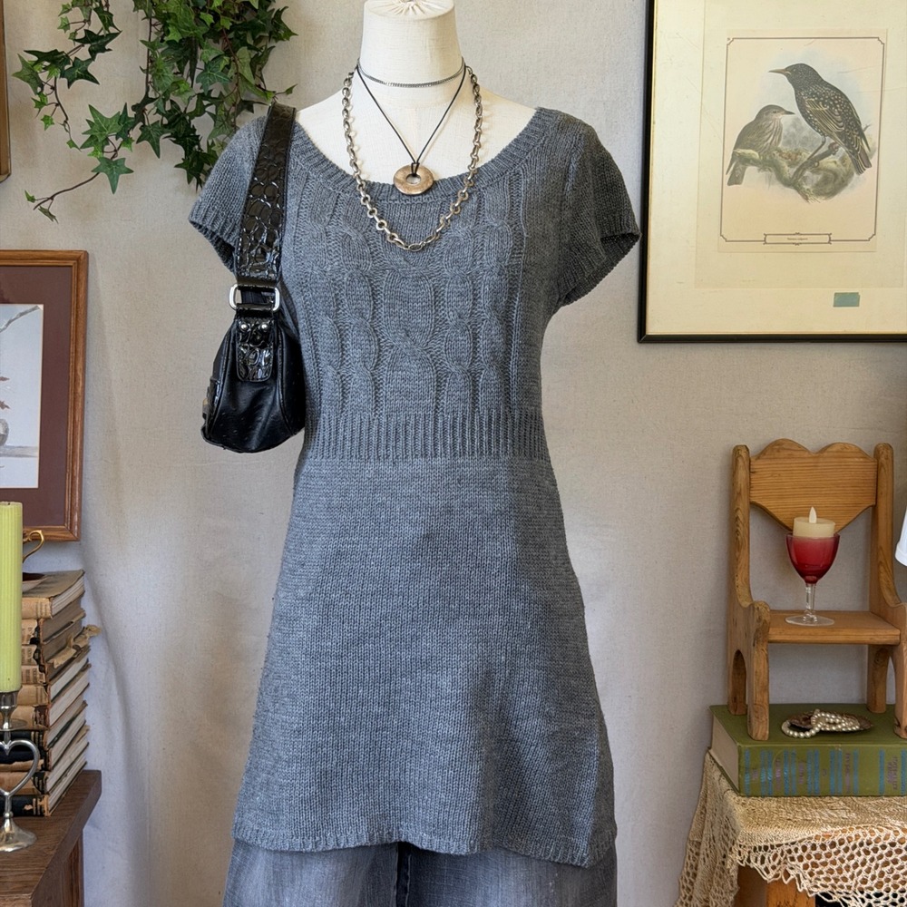 Gray Cable Knit Short Sleeve Sweater Tunic Y2K Vintage Large Twee Mori Girl